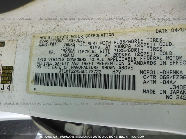 JTLKT324550173722 - 2005 TOYOTA SCION XB Weiß Foto 9