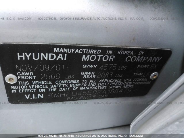 KMHFU45E02A168479 - 2002 HYUNDAI XG 350 SILVER photo 9