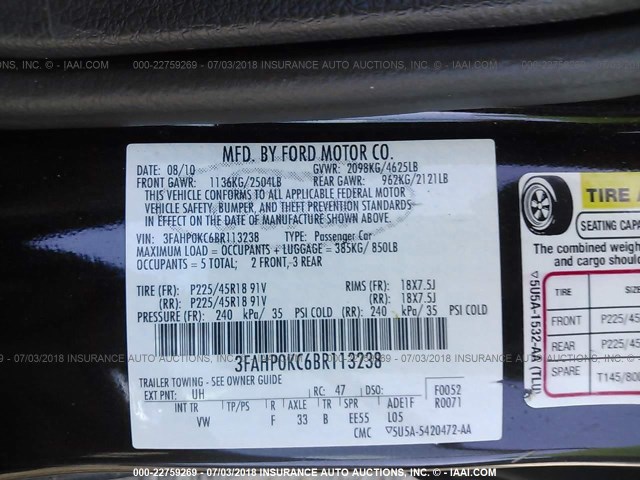 3FAHP0KC6BR113238 - 2011 FORD FUSION SPORT BLACK photo 9