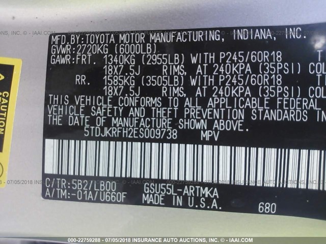 5TDJKRFH2ES009738 - 2014 TOYOTA HIGHLANDER XLE ვერცხლისფერი ფოტო 9