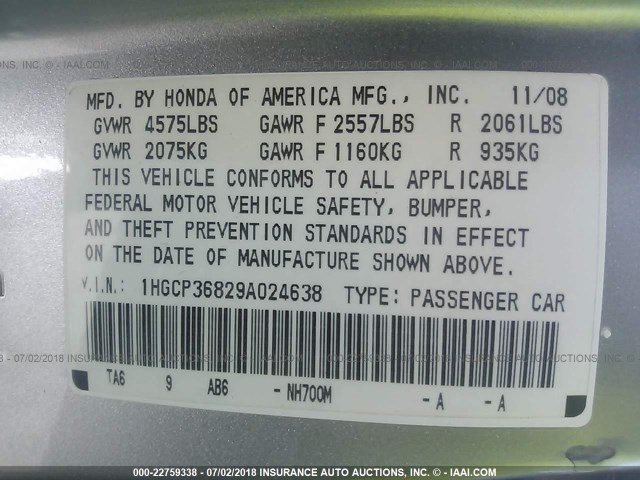 1HGCP36829A024638 - 2009 HONDA ACCORD EXL SILVER photo 9