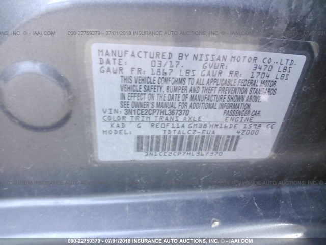 3N1CE2CP7HL367370 - 2017 NISSAN VERSA NOTE S/S PLUS/SV/SL/SR GRAY photo 9