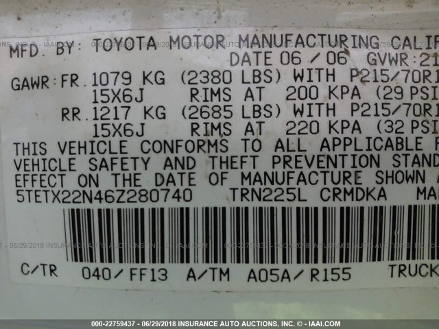 5TETX22N46Z280740 - 2006 TOYOTA TACOMA ACCESS CAB Ақ фото 9