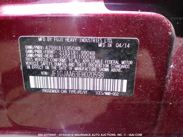 JF1GJAA63EH020598 - 2014 SUBARU IMPREZA BURGUNDY photo 9