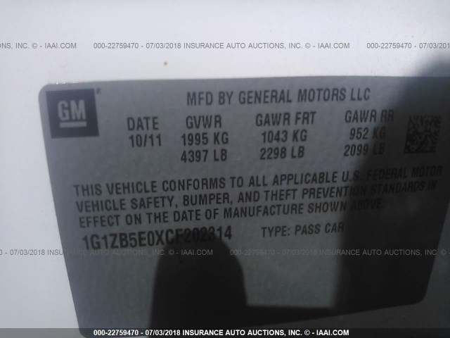 1G1ZB5E0XCF202314 - 2012 CHEVROLET MALIBU LS თეთრი ფოტო 9