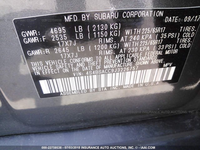 4S4BSACC9J3226757 - 2018 SUBARU OUTBACK 2.5I PREMIUM GRAY photo 9