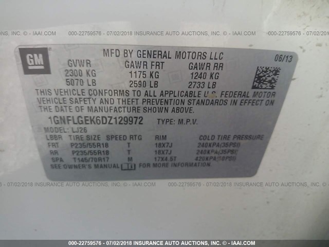 1GNFLGEK6DZ129972 - 2013 CHEVROLET EQUINOX LTZ WHITE photo 9