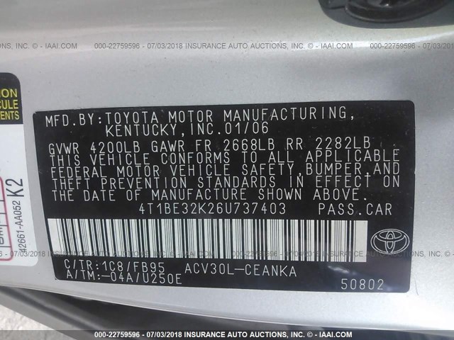 4T1BE32K26U737403 - 2006 TOYOTA CAMRY LE/XLE/SE Gümüş foto 9