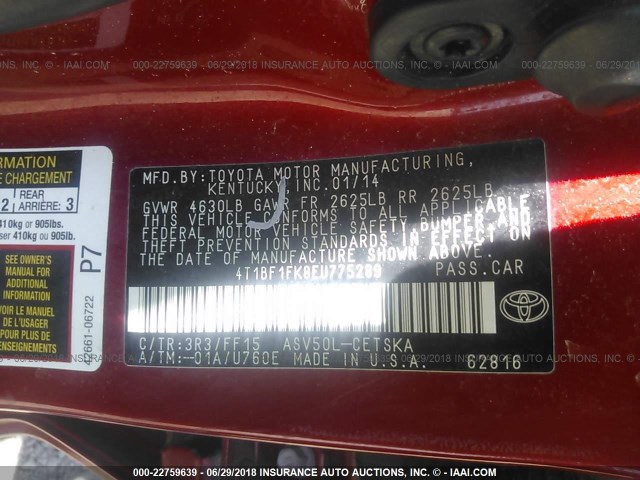 4T1BF1FK8EU775289 - 2014 TOYOTA CAMRY L/SE/LE/XLE RED photo 9