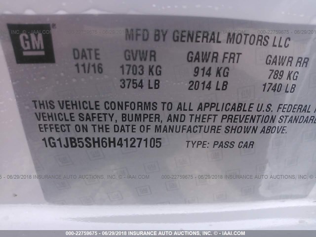 1G1JB5SH6H4127105 - 2017 CHEVROLET SONIC LS 白色 照片 9