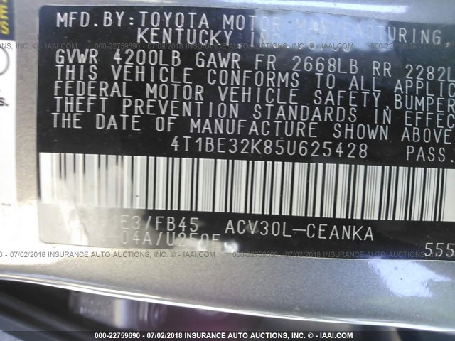 4T1BE32K85U625428 - 2005 TOYOTA CAMRY LE/XLE/SE 灰色 照片 9