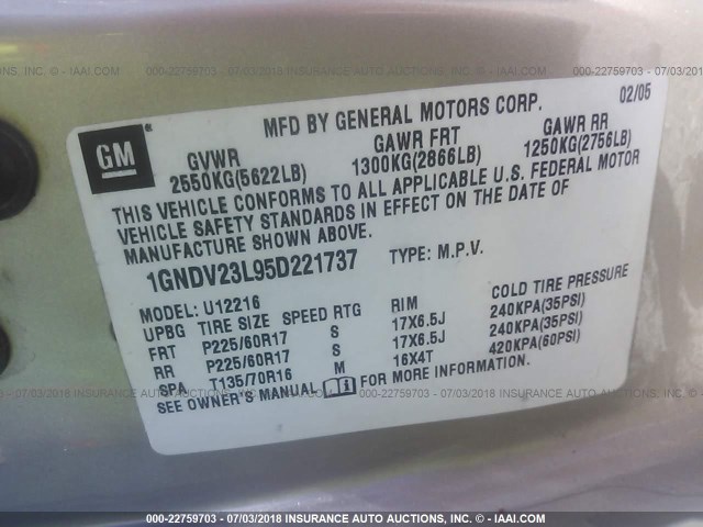 1GNDV23L95D221737 - 2005 CHEVROLET UPLANDER LS GOLD photo 9