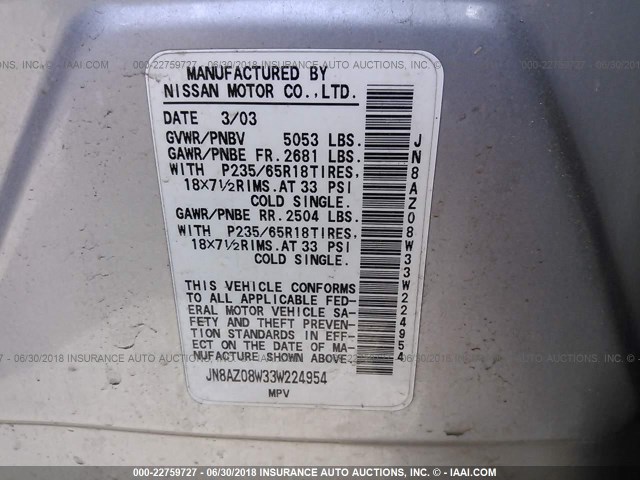 JN8AZ08W33W224954 - 2003 NISSAN MURANO SL/SE SILVER photo 9