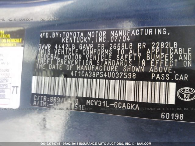 4T1CA38P54U037598 - 2004 TOYOTA CAMRY SOLARA SE/SLE Mavi foto 9