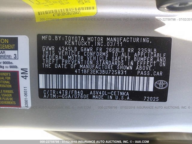 4T1BF3EK3BU725831 - 2011 TOYOTA CAMRY SE/LE/XLE ოქროსფერი ფოტო 9