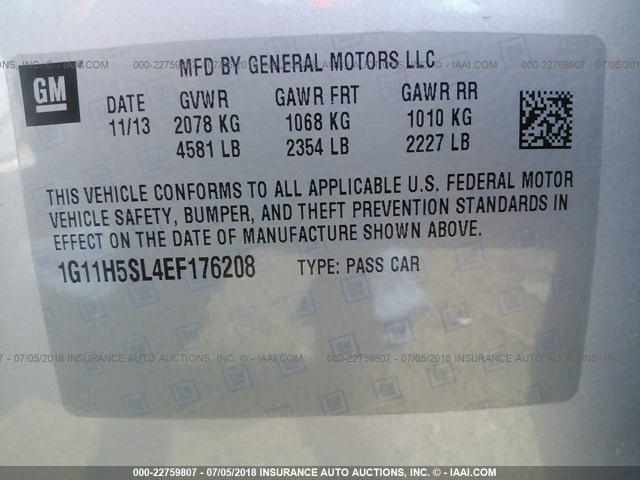 1G11H5SL4EF176208 - 2014 CHEVROLET MALIBU LTZ 银色 照片 9