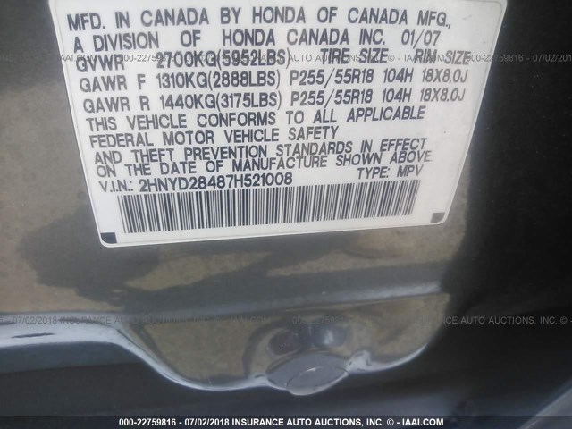 2HNYD28487H521008 - 2007 ACURA MDX TECHNOLOGY GRAY photo 9