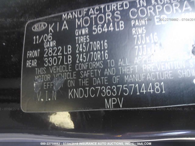 KNDJC736375714481 - 2007 KIA SORENTO EX/LX BLACK photo 9