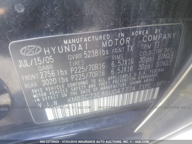 KM8SC73E86U047774 - 2006 HYUNDAI SANTA FE GLS/LIMITED BLACK photo 9