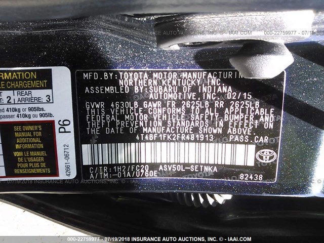 4T4BF1FK2FR481913 - 2015 TOYOTA CAMRY LE/XLE/SE/XSE BLACK photo 9