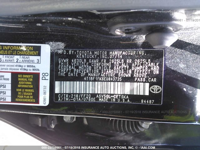 4T1BF1FK6EU843735 - 2014 TOYOTA CAMRY L/SE/LE/XLE 黑色 照片 9