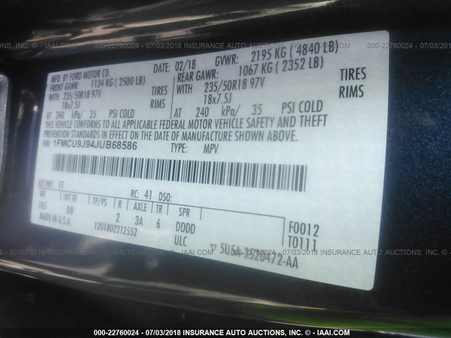 1FMCU9J94JUB68586 - 2018 FORD ESCAPE TITANIUM Mavi fotoğraf 9