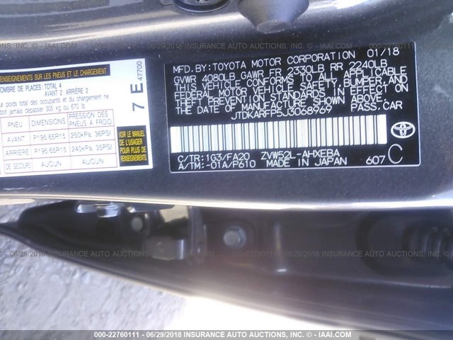 JTDKARFP5J3068969 - 2018 TOYOTA PRIUS PRIME  灰色 照片 9