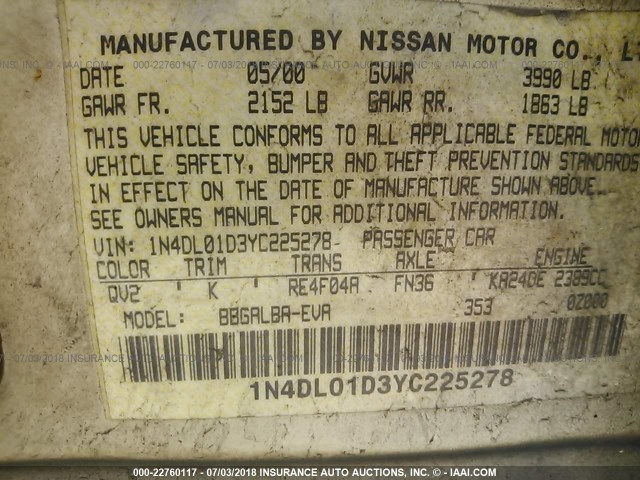 1N4DL01D3YC225278 - 2000 NISSAN ALTIMA XE/GXE/SE/GLE GRAY photo 9