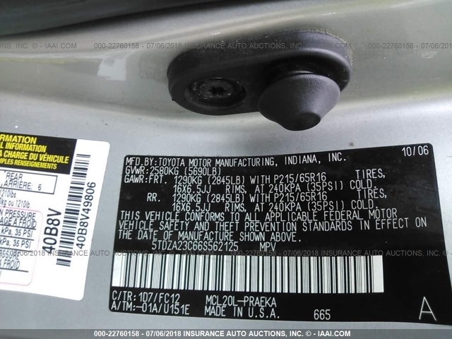 5TDZA23C66S562125 - 2006 TOYOTA SIENNA CE/LE SILVER photo 9