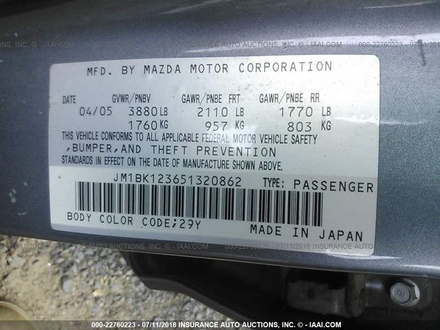 JM1BK123651320862 - 2005 MAZDA 3 S GRAY photo 9