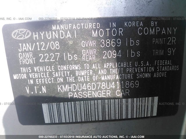 KMHDU46D78U411869 - 2008 HYUNDAI ELANTRA GLS/SE/LIMITED SILVER photo 9