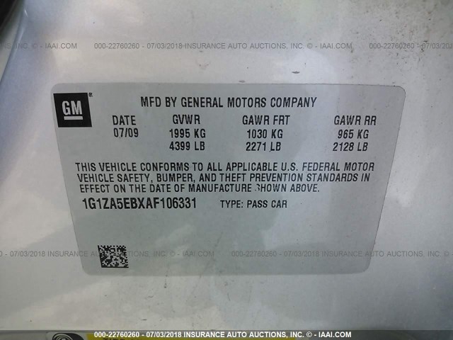 1G1ZA5EBXAF106331 - 2010 CHEVROLET MALIBU LS ვერცხლისფერი ფოტო 9