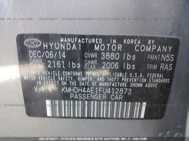 KMHDH4AE1FU412873 - 2015 HYUNDAI ELANTRA SE/SPORT/LIMITED GRAY photo 9