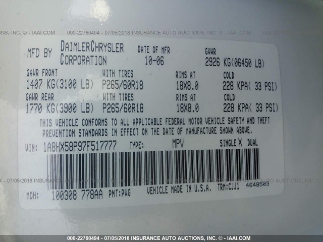 1A8HX58P97F517777 - 2007 CHRYSLER ASPEN LIMITED Blanc photo 9