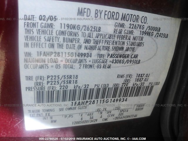 1FAHP28115G149934 - 2005 FORD FIVE HUNDRED LIMITED RED photo 9