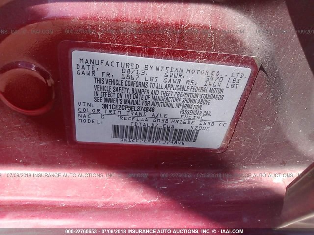3N1CE2CP5EL374846 - 2014 NISSAN VERSA NOTE S/S PLUS/SV/SL RED photo 9