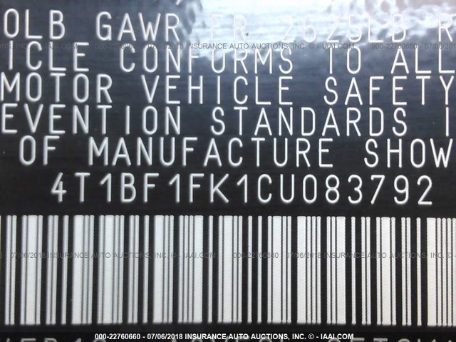 4T1BF1FK1CU083792 - 2012 TOYOTA CAMRY SE/LE/XLE GRAY photo 9