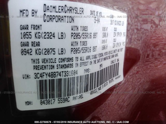 3C4FY48B74T331604 - 2004 CHRYSLER PT CRUISER RED photo 9