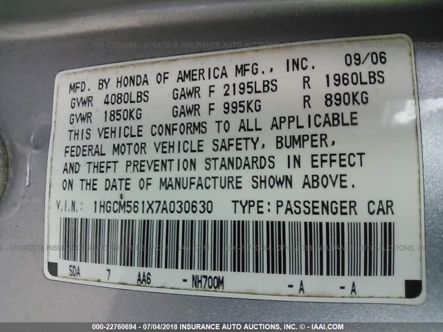 1HGCM561X7A030630 - 2007 HONDA ACCORD VALUE SILVER photo 9