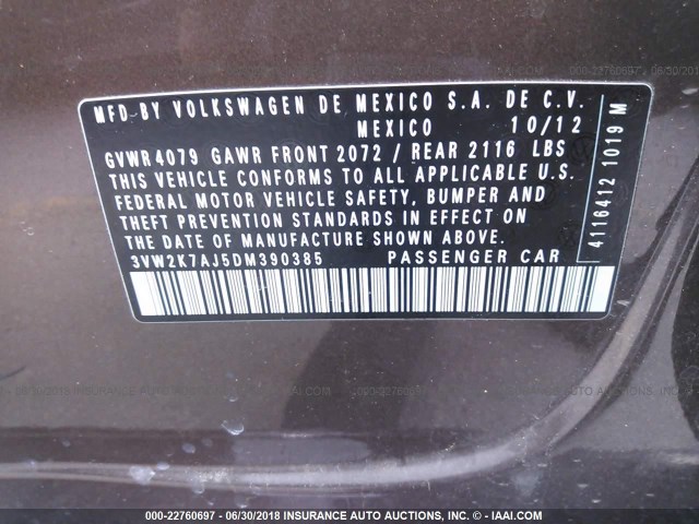 3VW2K7AJ5DM390385 - 2013 VOLKSWAGEN JETTA S 棕色 照片 9