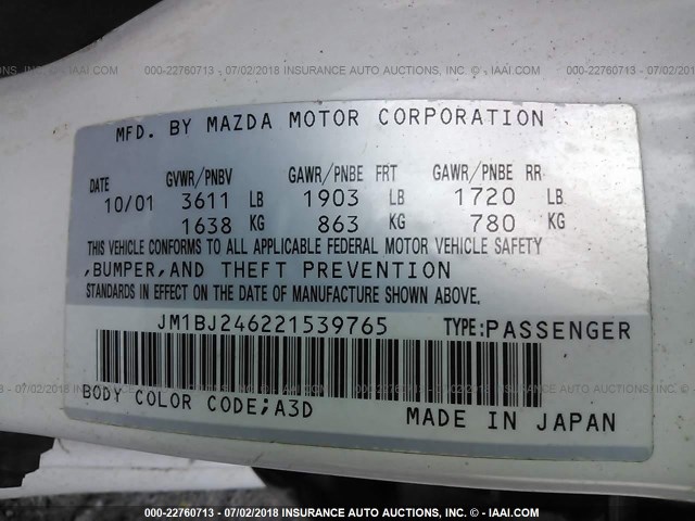 JM1BJ246221539765 - 2002 MAZDA PROTEGE PR5 WHITE photo 9