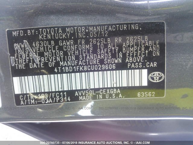 4T1BD1FK8CU029606 - 2012 TOYOTA CAMRY HYBRID/LE/XLE GRAY photo 9