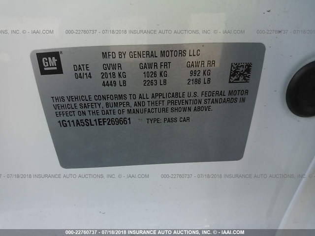 1G11A5SL1EF269661 - 2014 CHEVROLET MALIBU LS თეთრი ფოტო 9