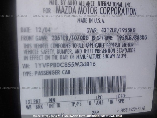 1YVFP80C855M34816 - 2005 MAZDA 6 I Черный фото 9