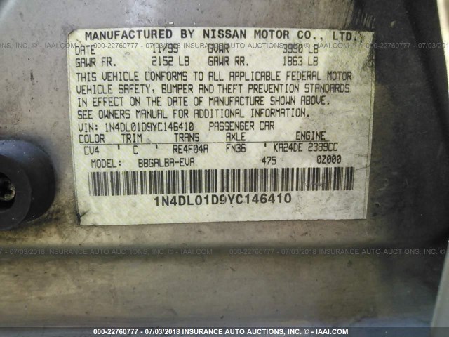 1N4DL01D9YC146410 - 2000 NISSAN ALTIMA XE/GXE/SE/GLE TAN photo 9