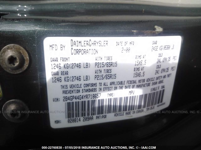 2B4GP44G4YR718657 - 2000 DODGE GRAND CARAVAN SE/SPORT GREEN photo 9