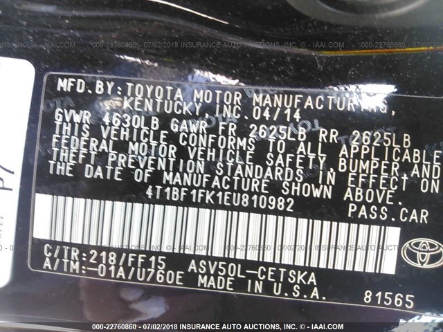 4T1BF1FK1EU810982 - 2014 TOYOTA CAMRY L/SE/LE/XLE შავი ფოტო 9