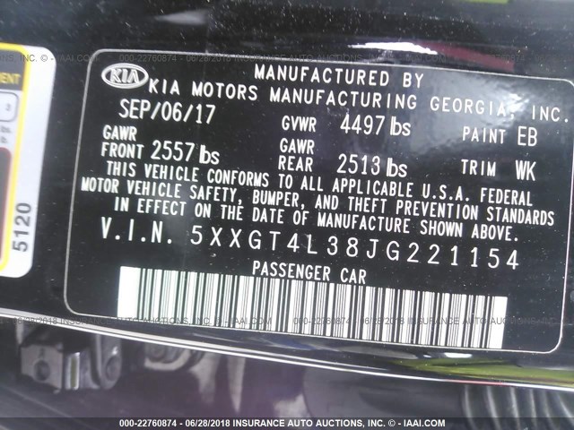 5XXGT4L38JG221154 - 2018 KIA OPTIMA LX/S BLACK photo 9