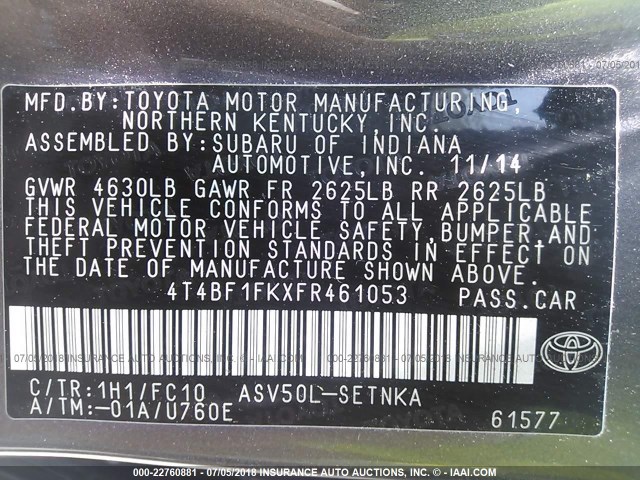 4T4BF1FKXFR461053 - 2015 TOYOTA CAMRY LE/XLE/SE/XSE GRAY photo 9