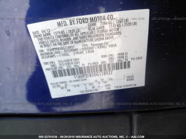 1FAHP2F85DG118927 - 2013 FORD TAURUS LIMITED BLUE photo 9